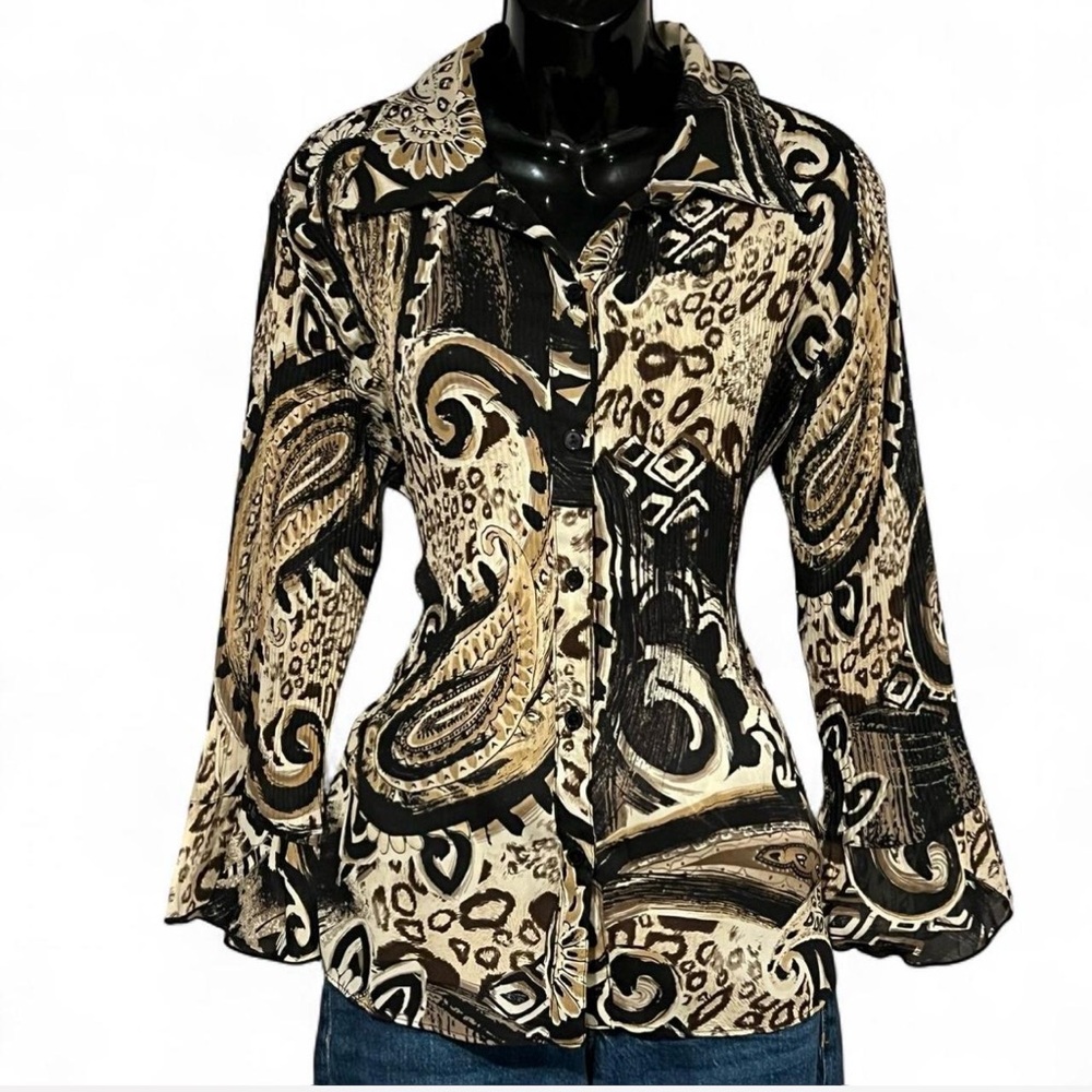 Retro Paisley & Animal Print Button-Up Blouse 🐆🖤